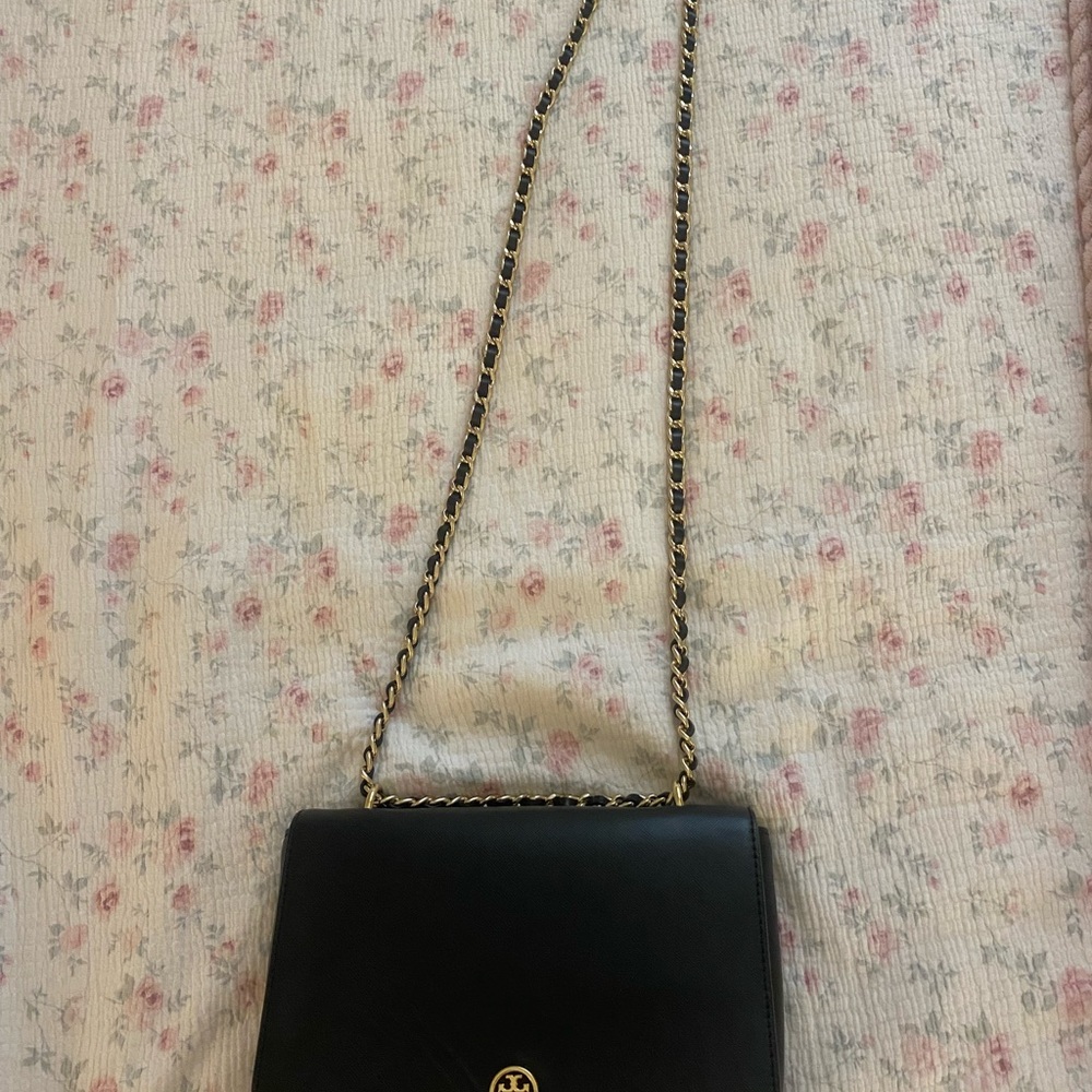 Tory Burch Black Leather Crossbody with Gold Chain